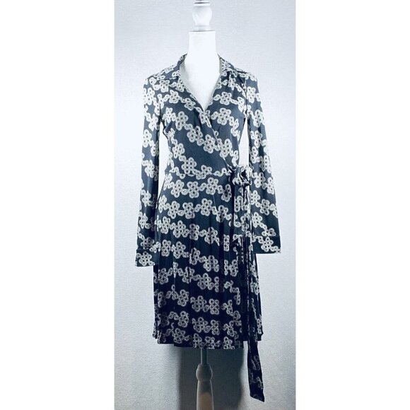 Diane Von Furstenberg DVF Wrap Dress Womens 4 Geometric 3/4 Sleeve Jersey Silk - Picture 1 of 6